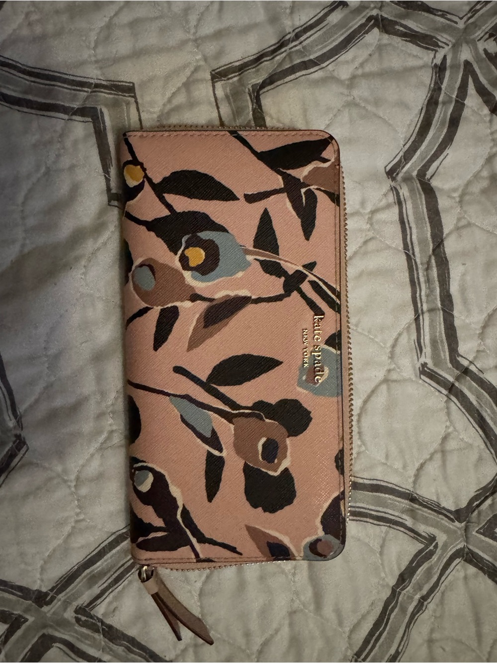 kate spade Pink Floral Zip-Around Wallet with Black and Blue Accents